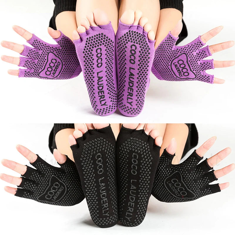 Women Yoga Non-slip Glove & Sock Set Cotton Sweat-absorbing Sports Five-toed Socks