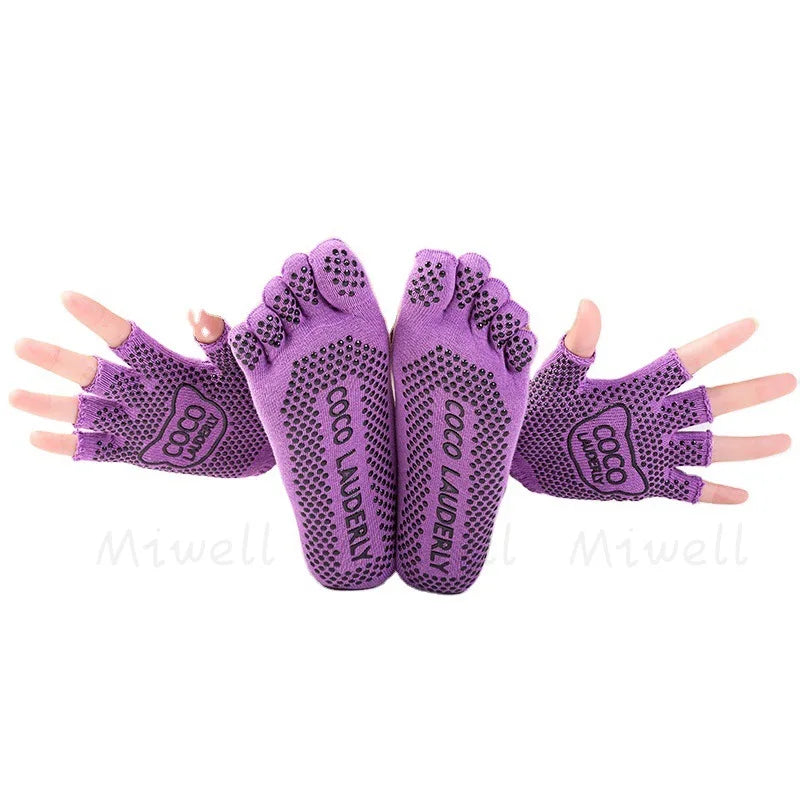 Women Yoga Non-slip Glove & Sock Set Cotton Sweat-absorbing Sports Five-toed Socks