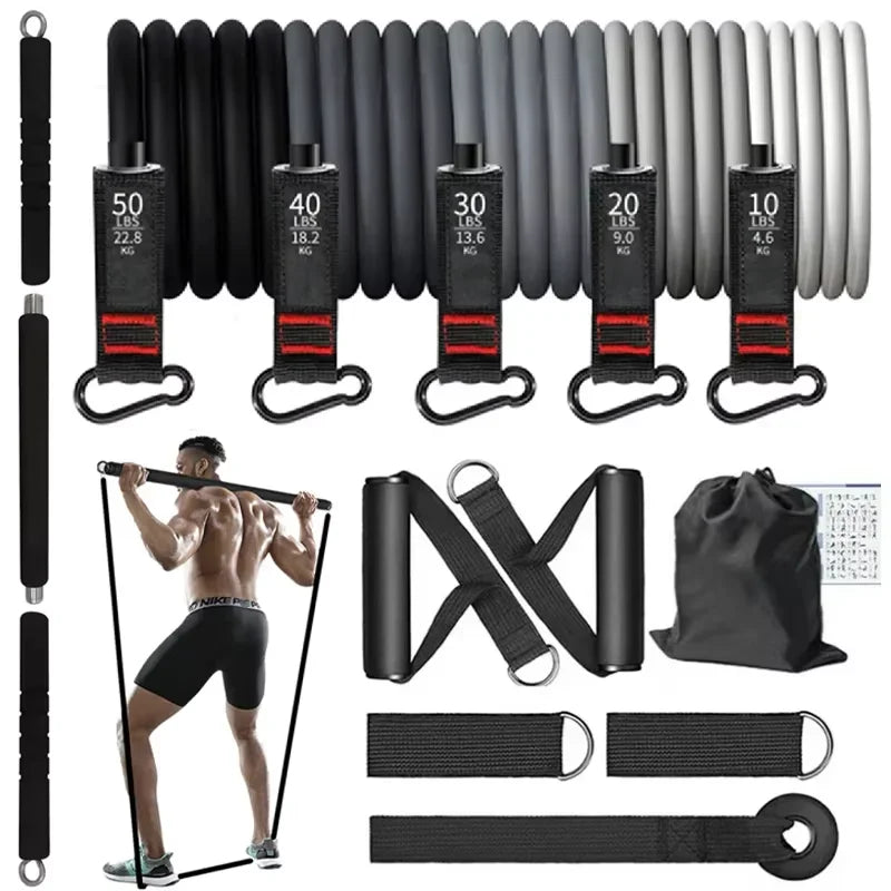 Portable Pilates Bar Kit with Resistance Bands Set,Bodybuilding Elastic Bands Workout Bar,Non-Slip Fitness Stick Exercise Bands