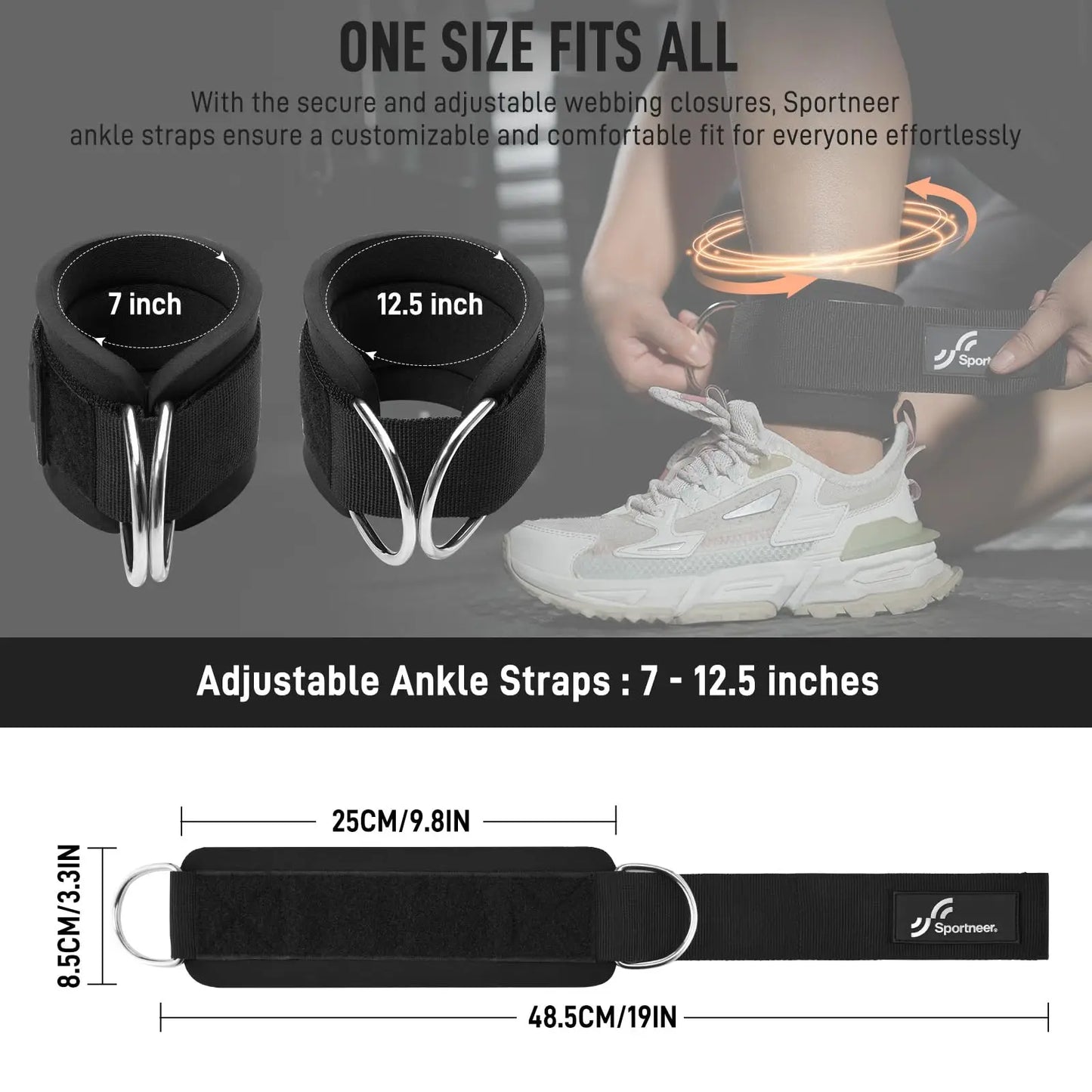 Sportneer Adjustable Ankle Straps 1 Pair for Cable Machine Leg Extensions & Booty Hip Abductors Glute Workouts in Home and Gym