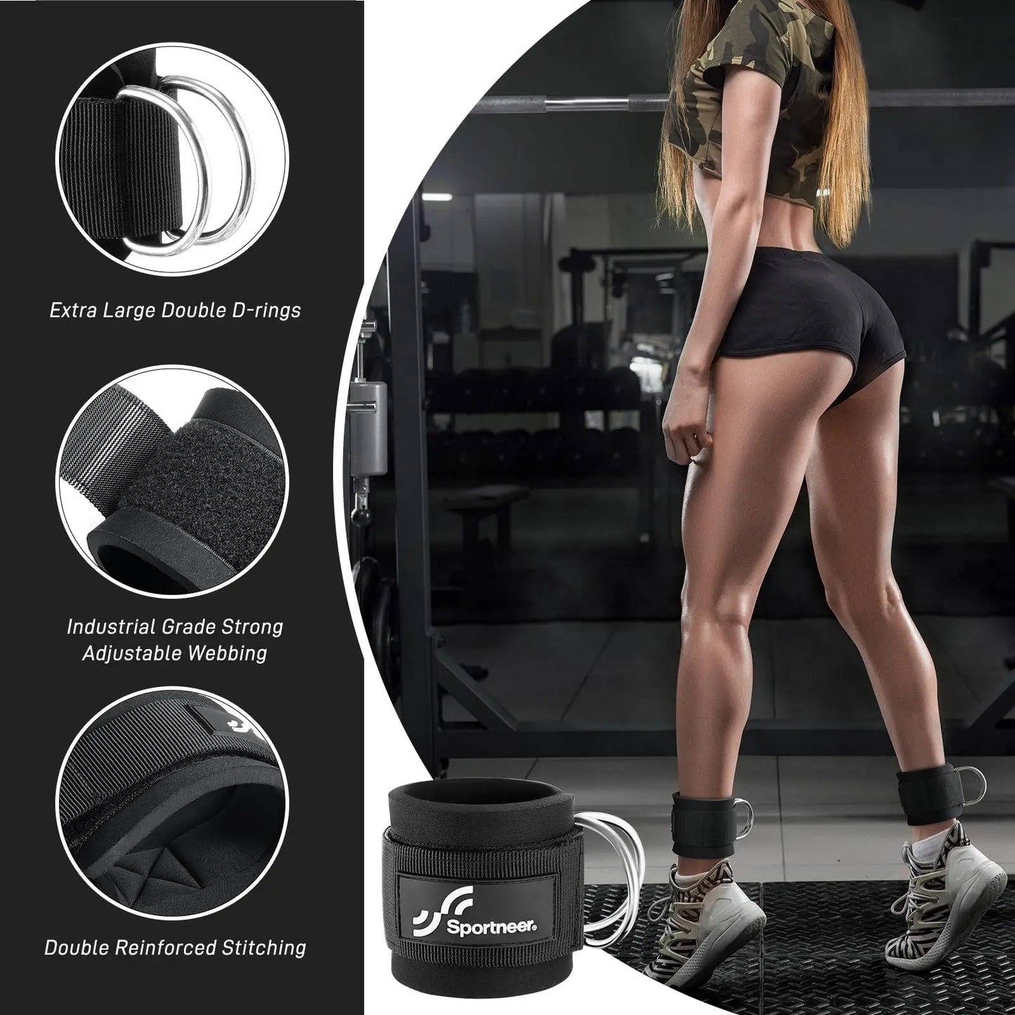 Sportneer Adjustable Ankle Straps 1 Pair for Cable Machine Leg Extensions & Booty Hip Abductors Glute Workouts in Home and Gym