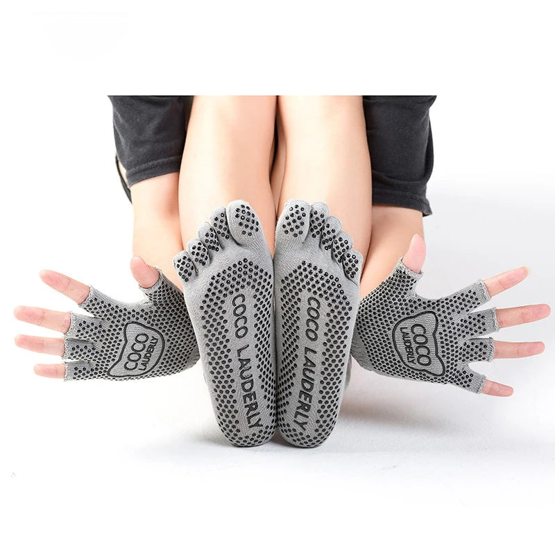 Women Yoga Non-slip Glove & Sock Set Cotton Sweat-absorbing Sports Five-toed Socks